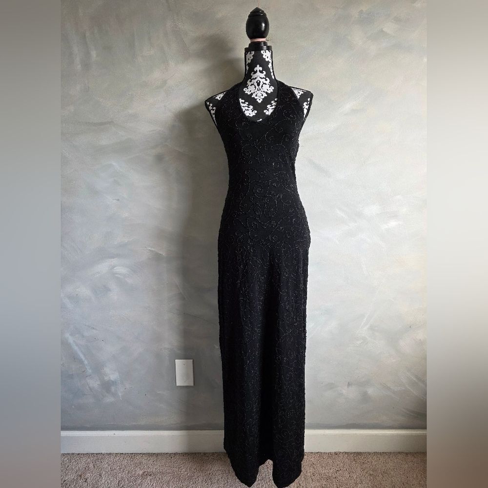 Vintage Black Halter Beaded Maxi Dress Cache Sz M - Picture 2 of 16
